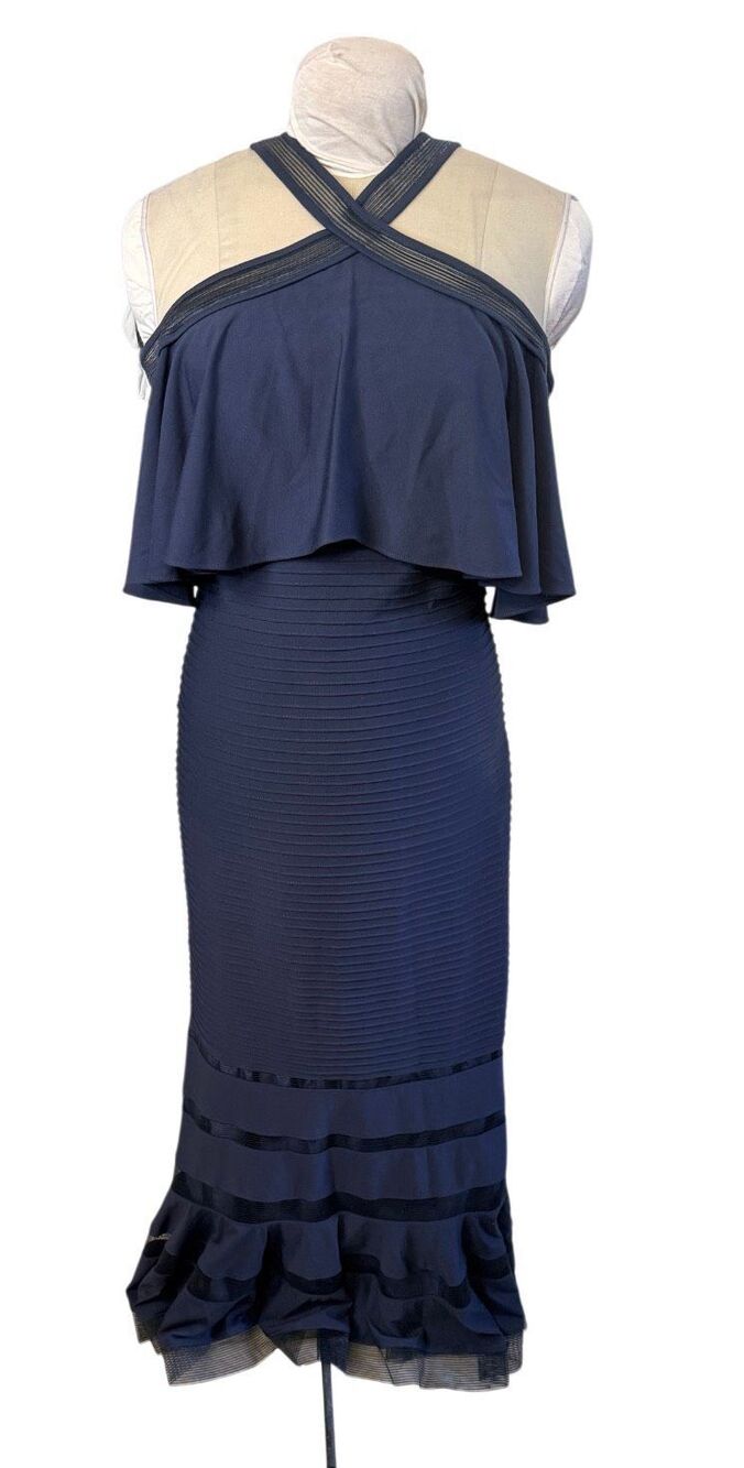 Tadashi Shoji Crystal Pintuck Jersey Halter Gown Medium Navy Blue Occasion Event